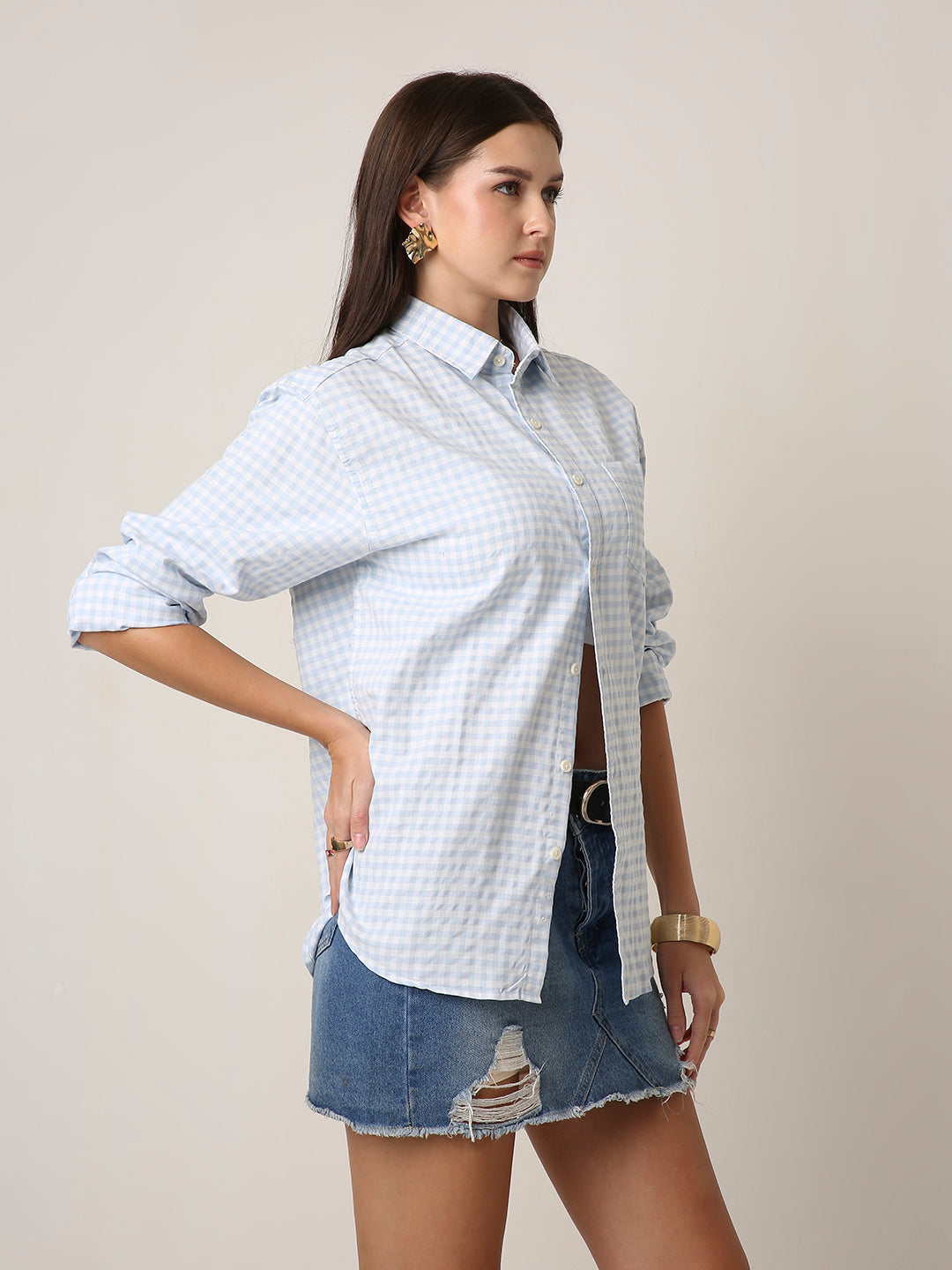 Blue Gingham Oversized Cotton Shirt