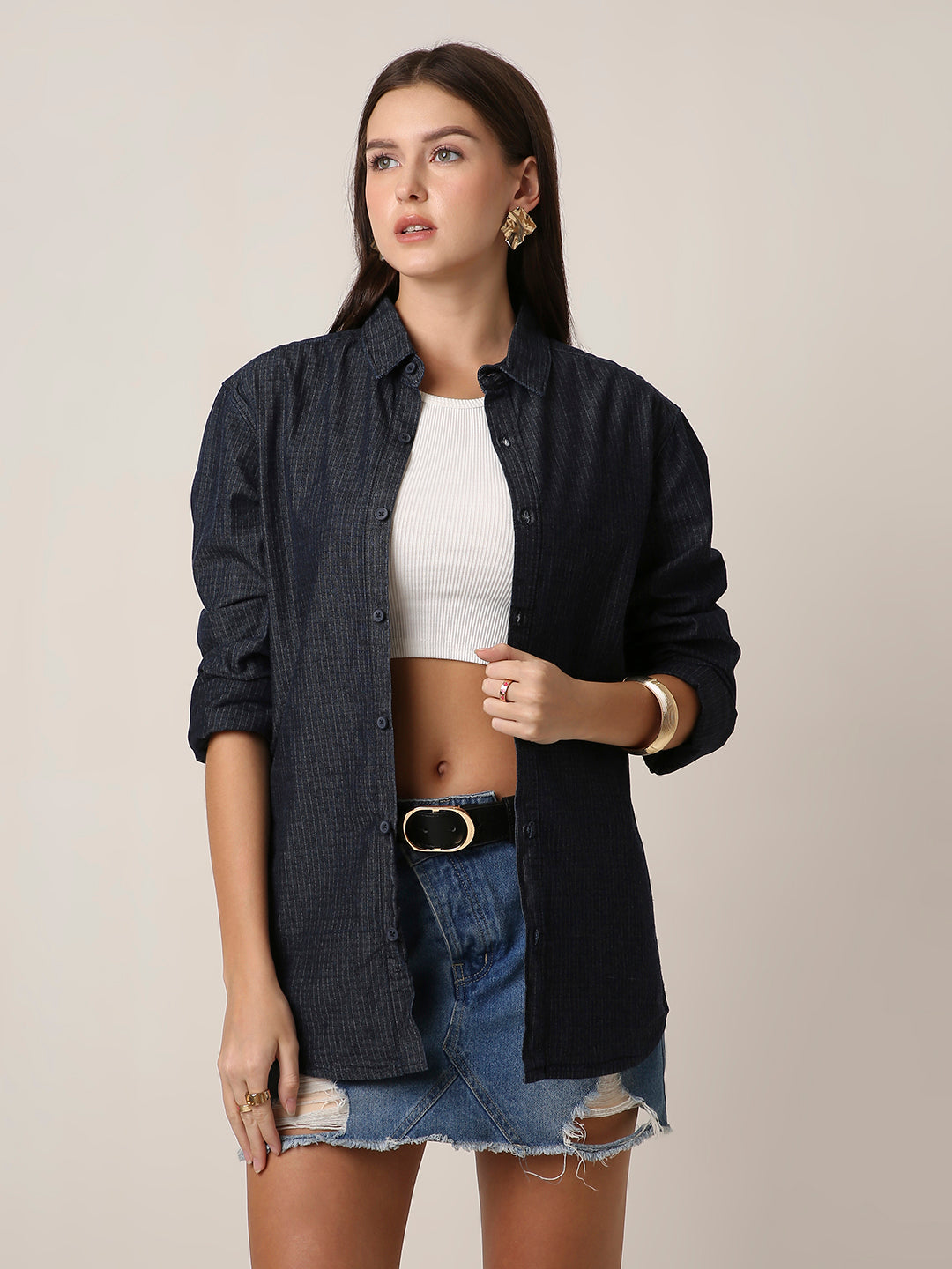 Raw Denim Textured Oversized Casual Shirt