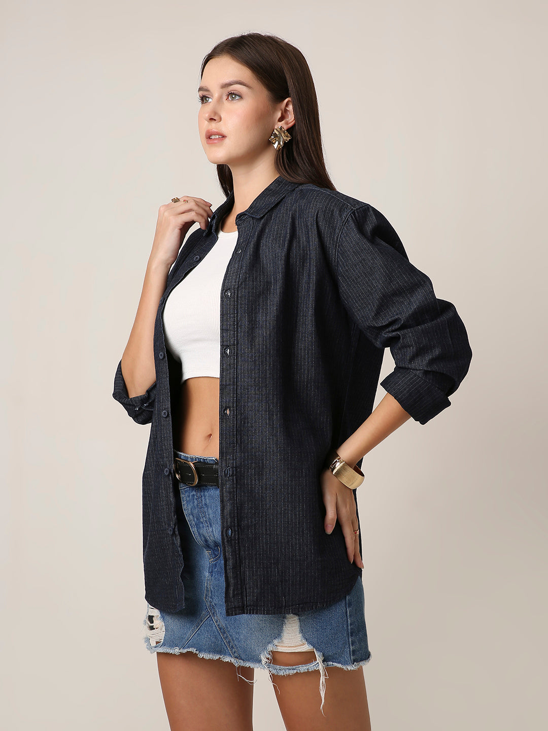 Raw Denim Textured Oversized Casual Shirt