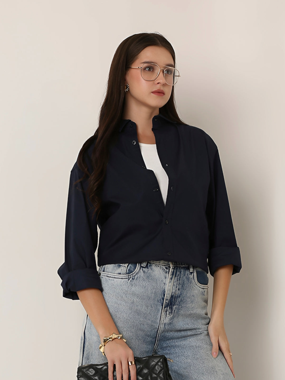 Classic Navy Blue Oversized Cotton Shirt