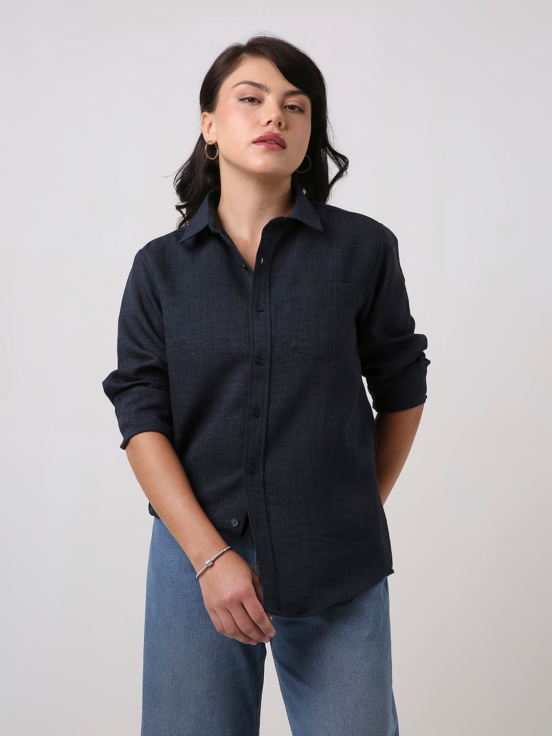 Navy Blue Textured Casual Shirt