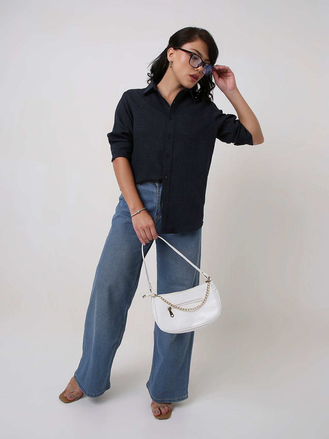 Navy Blue Textured Casual Shirt