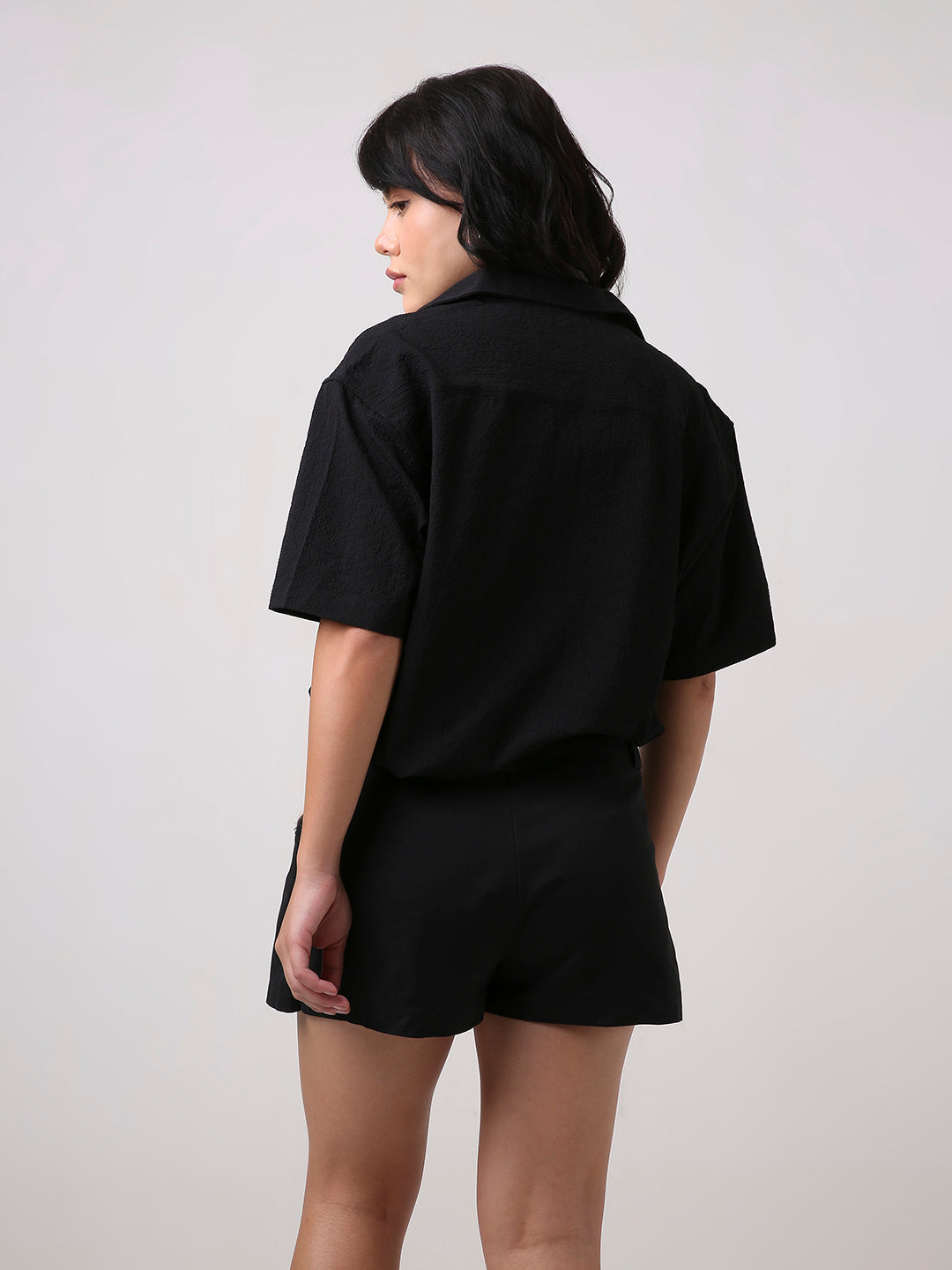 Black Textured Oversized Short Sleeve Shirt