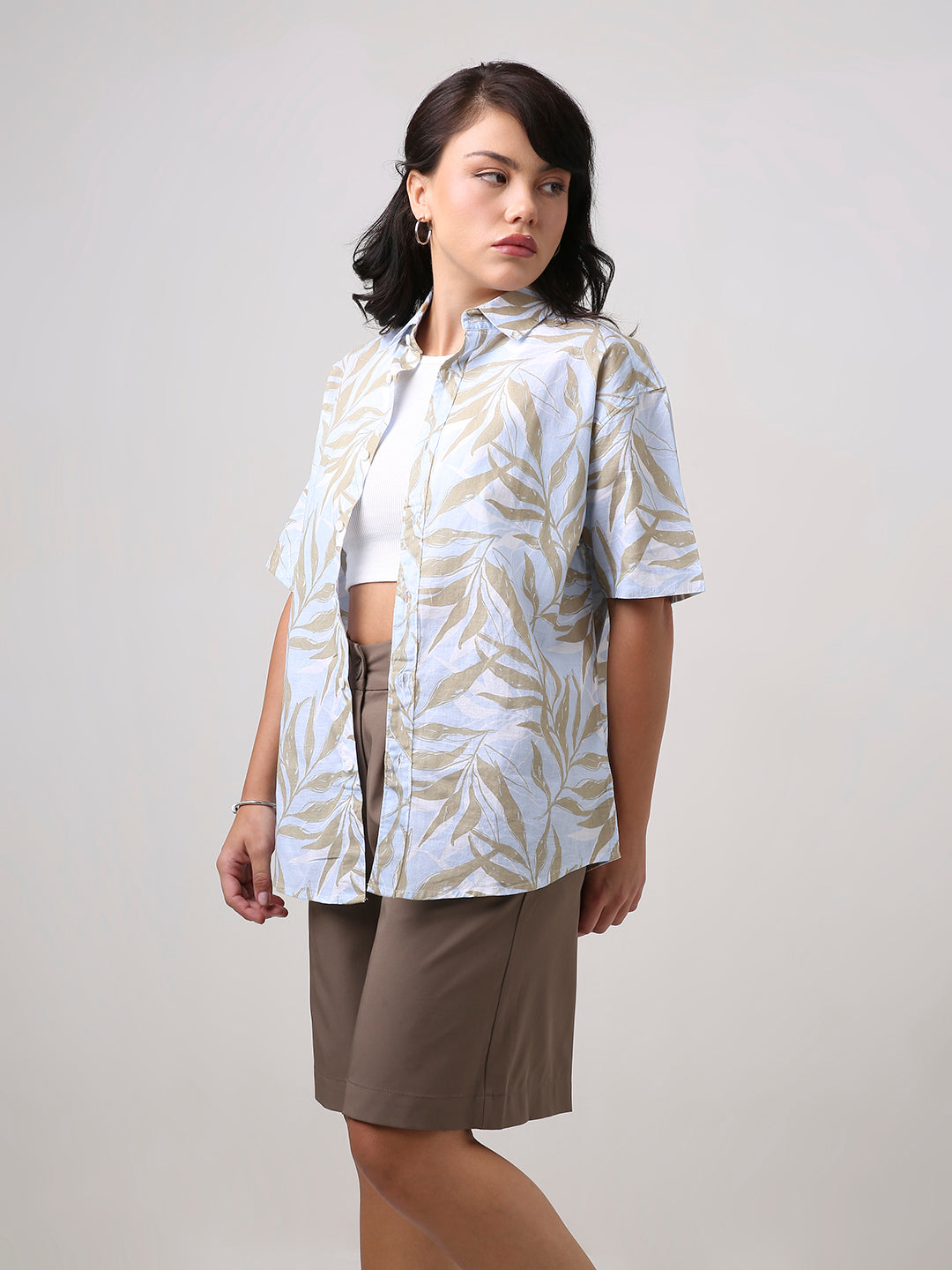 Blue Tropical Print Oversized Shirt