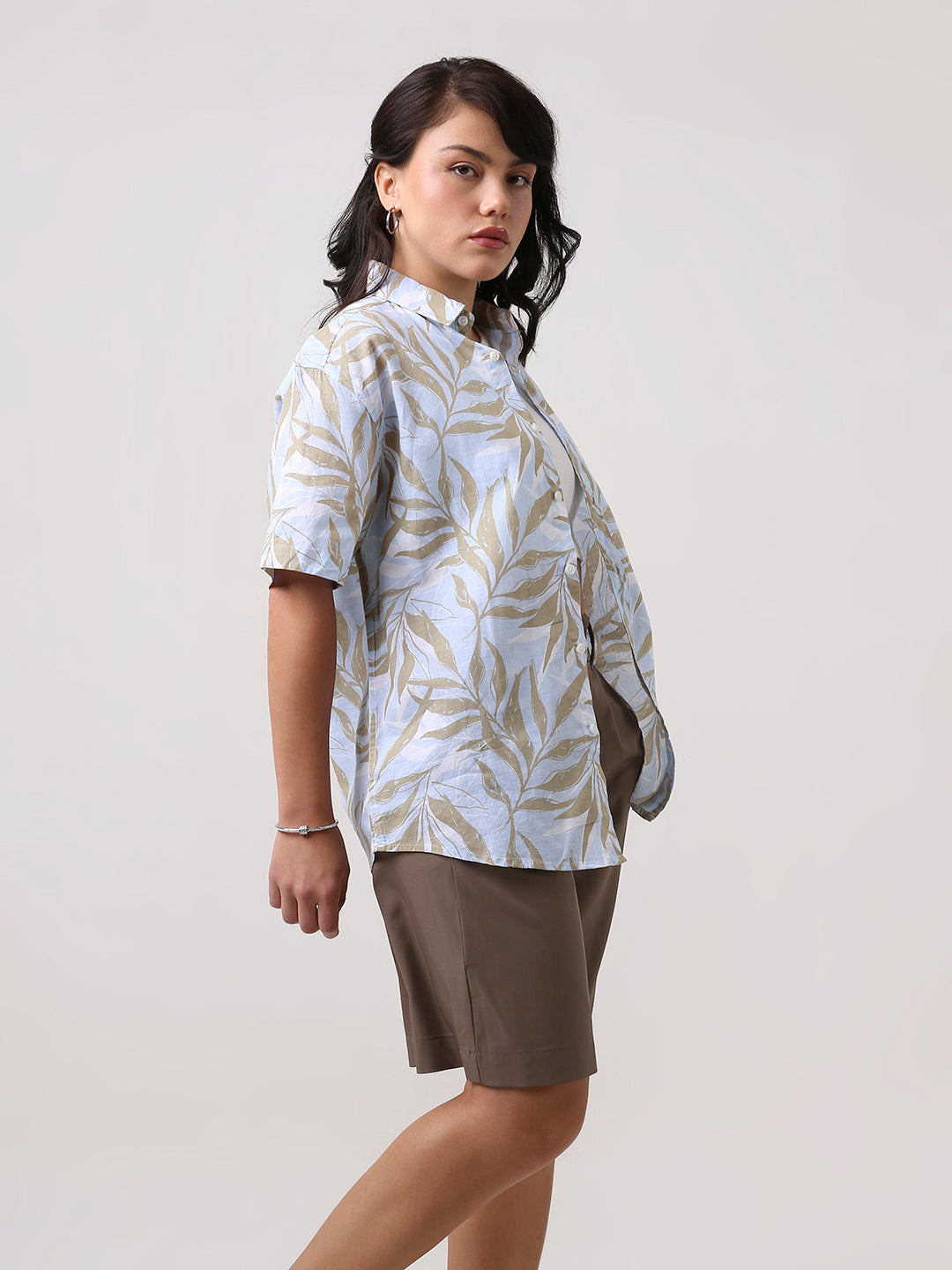 Blue Tropical Print Oversized Shirt