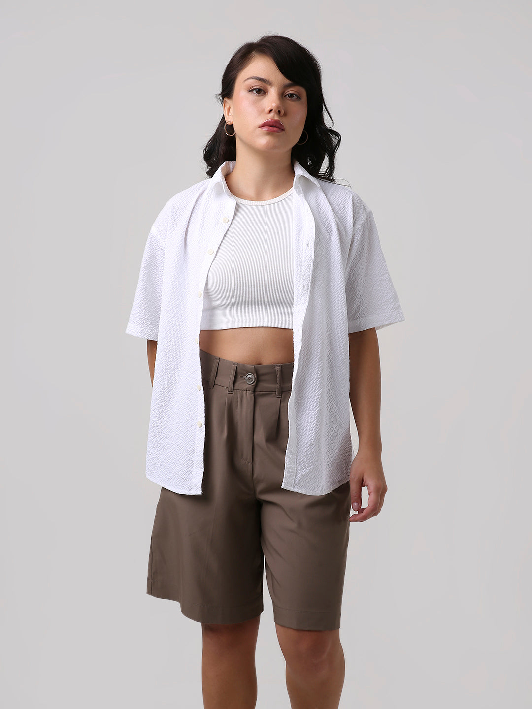 White Textured Oversized Short Sleeve Shirt