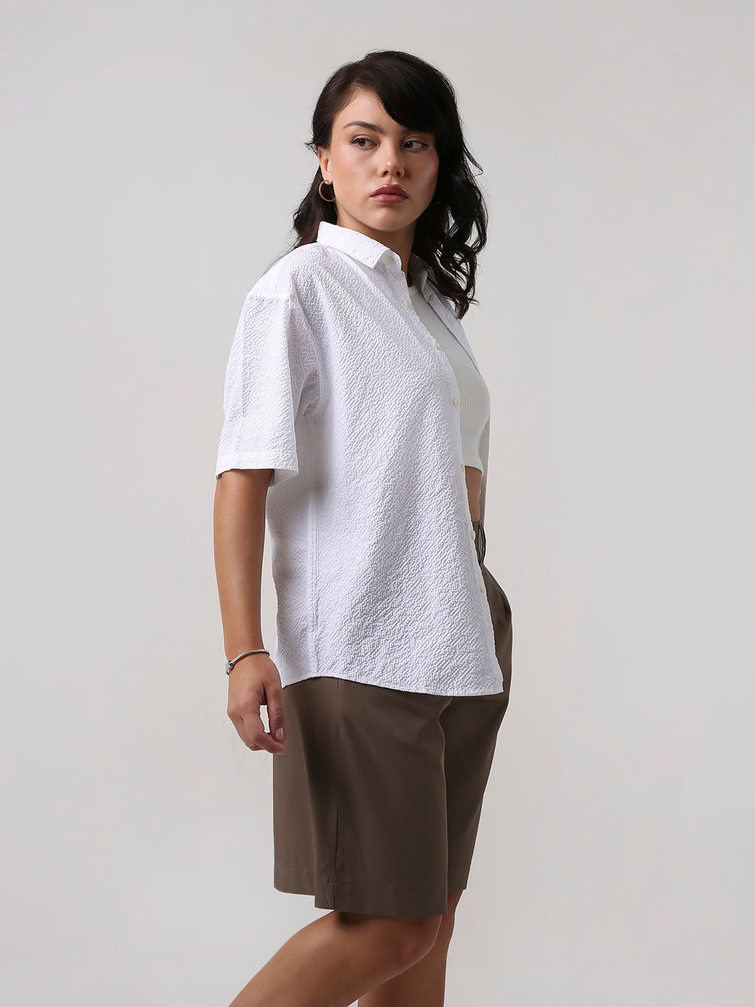 White Textured Oversized Short Sleeve Shirt