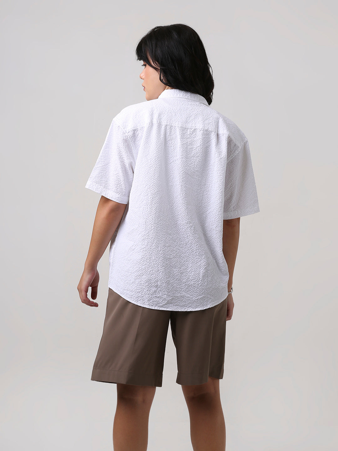 White Textured Oversized Short Sleeve Shirt