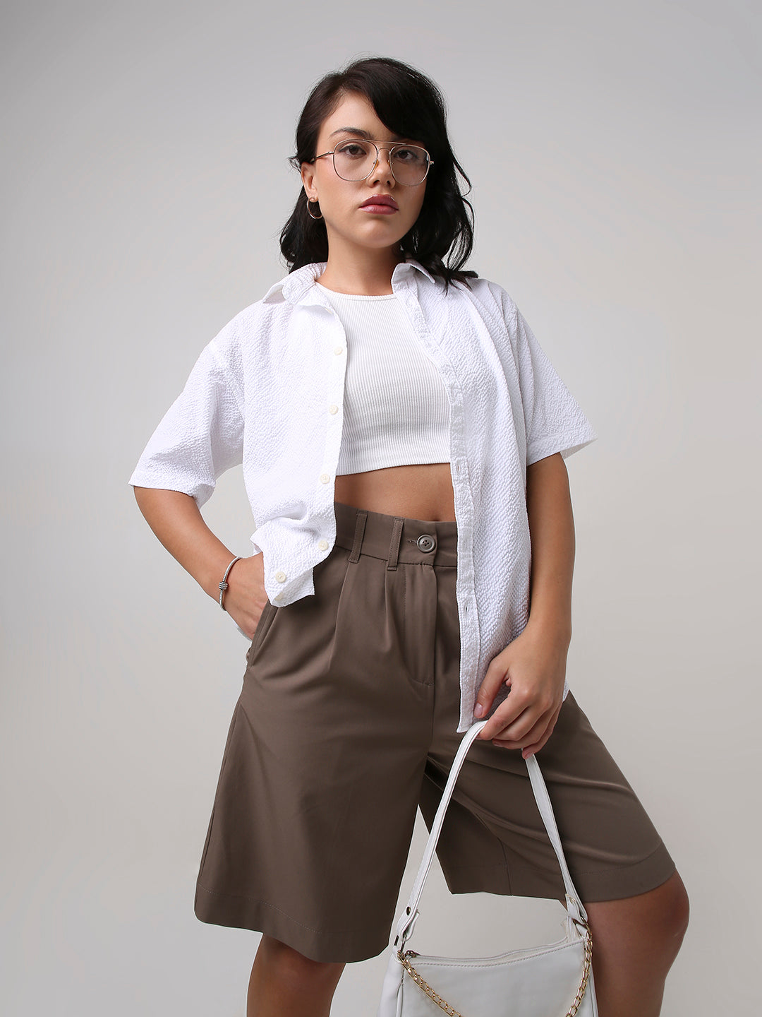 White Textured Oversized Short Sleeve Shirt