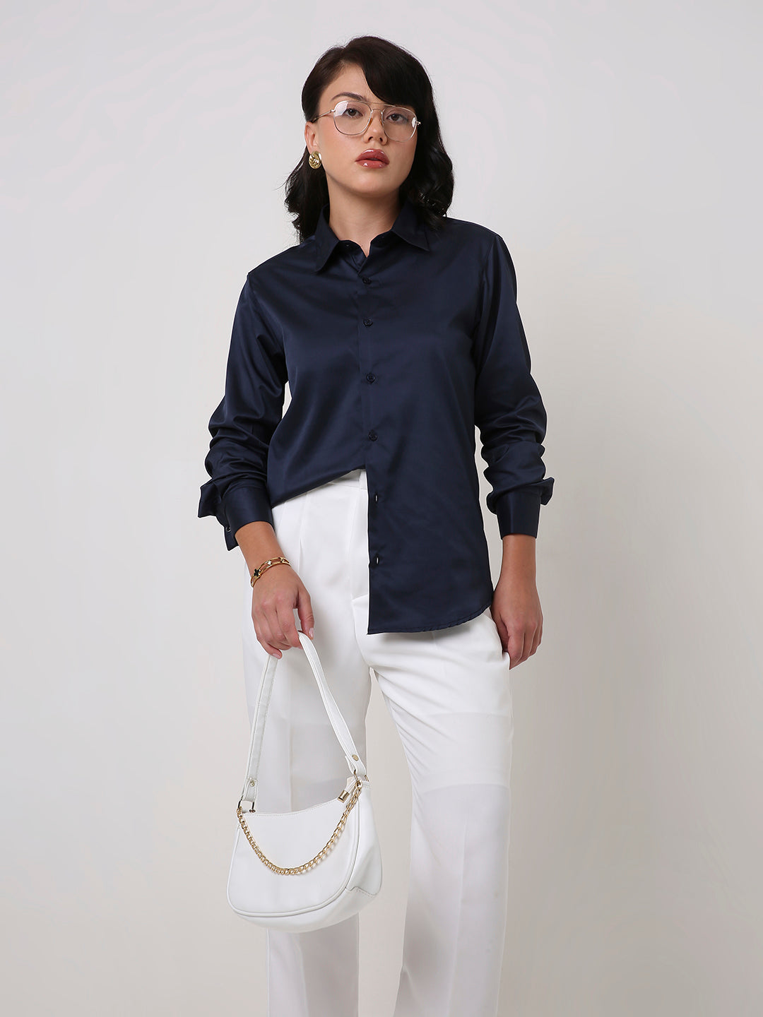 Navy Blue Satin Formal Shirt