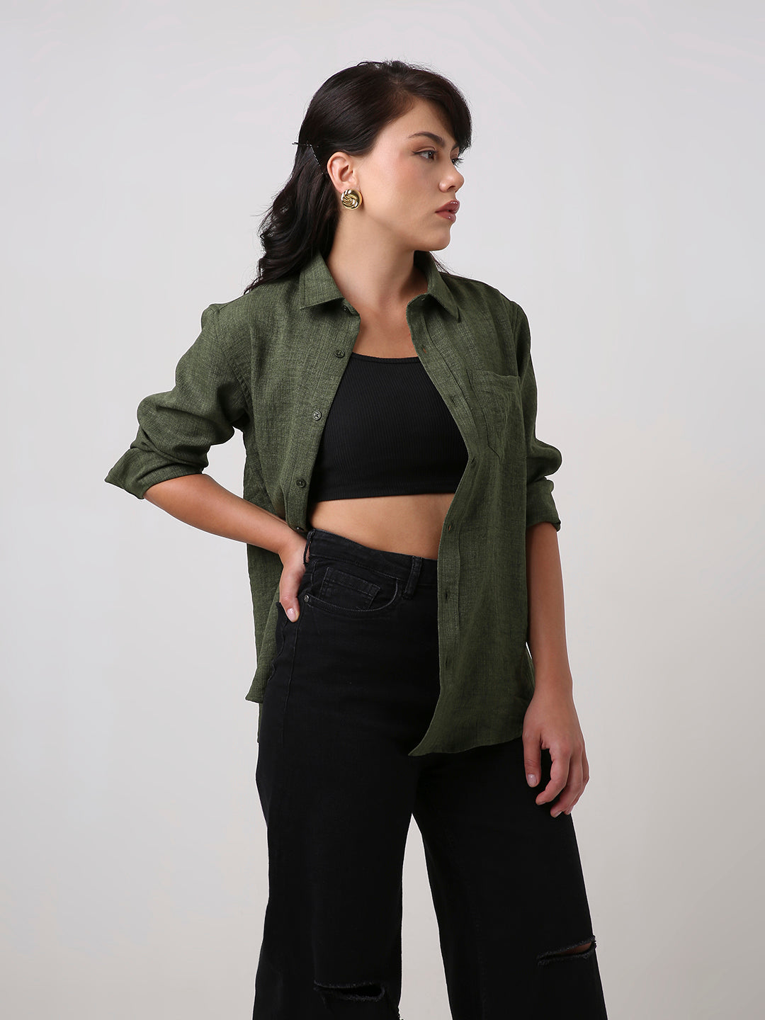 Dark Olive Textured Casual Shirt
