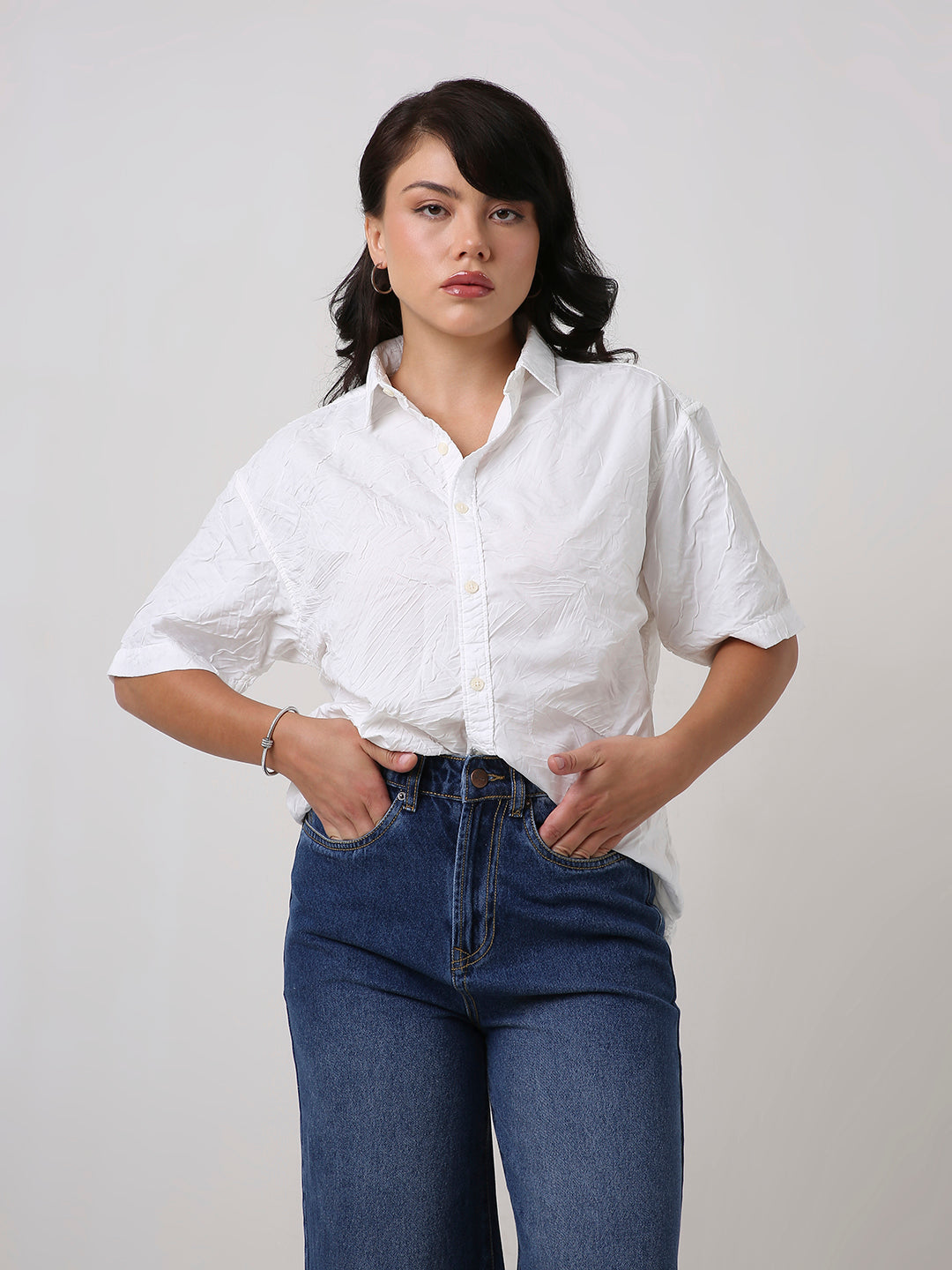 White Crinkle Oversized Short Sleeve Shirt