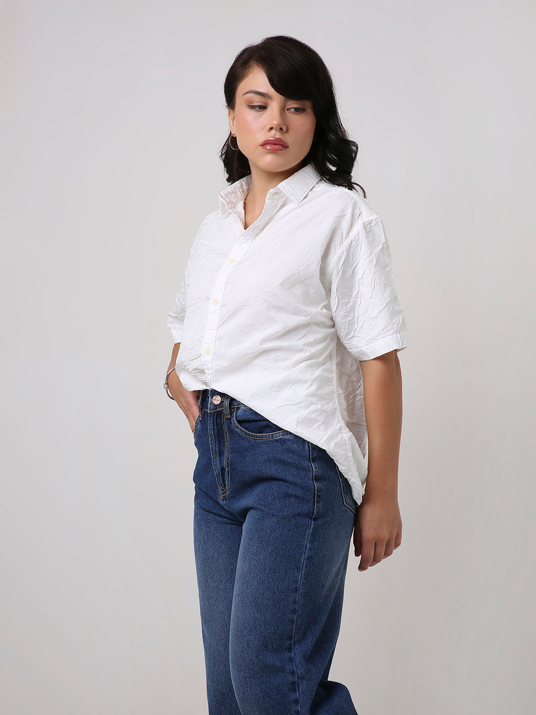 White Crinkle Oversized Short Sleeve Shirt