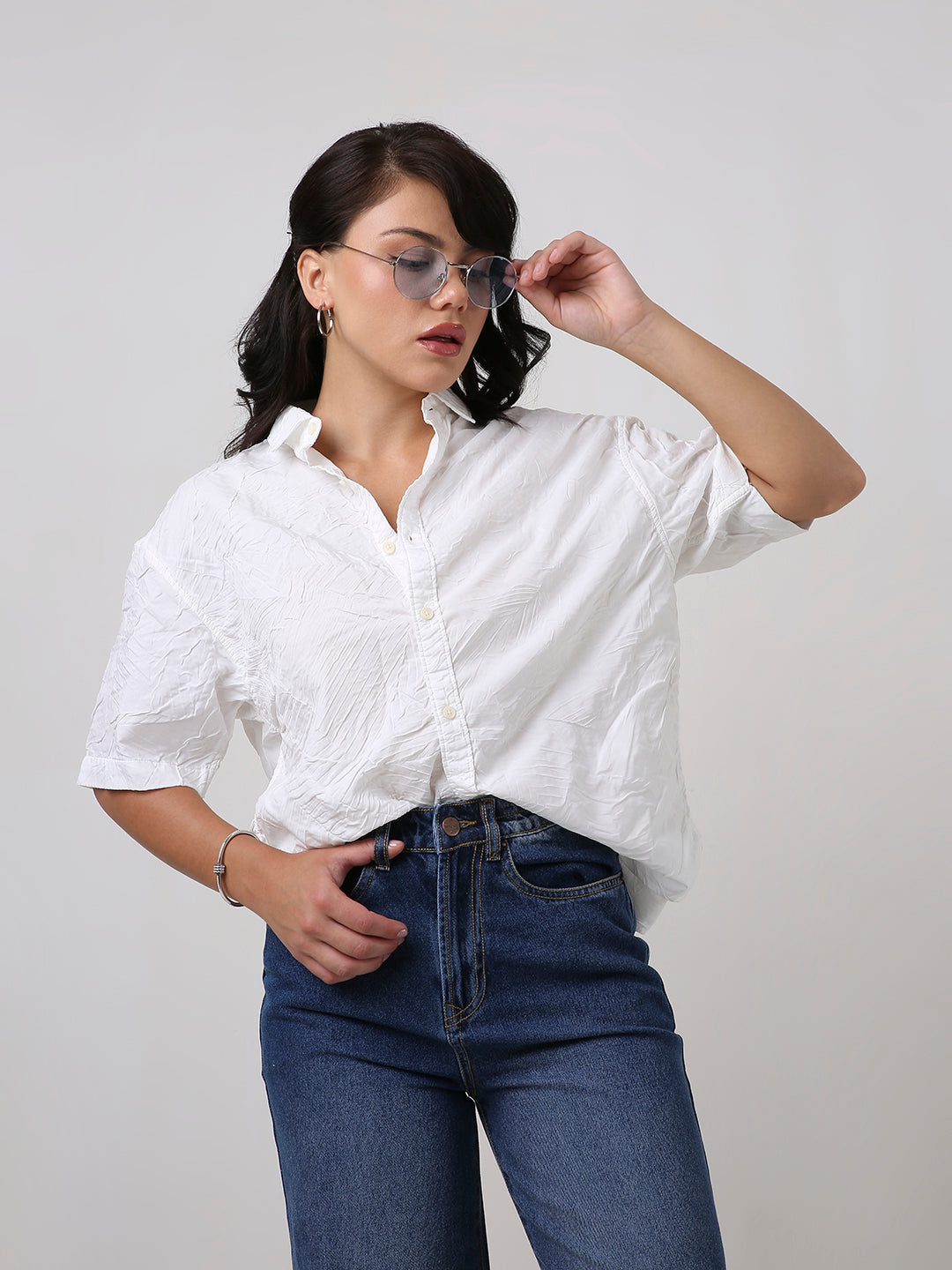 White Crinkle Oversized Short Sleeve Shirt
