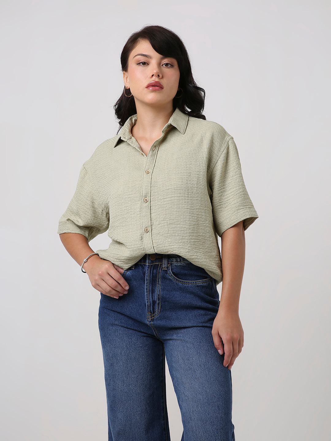 Sage Green Textured Oversized Shirt