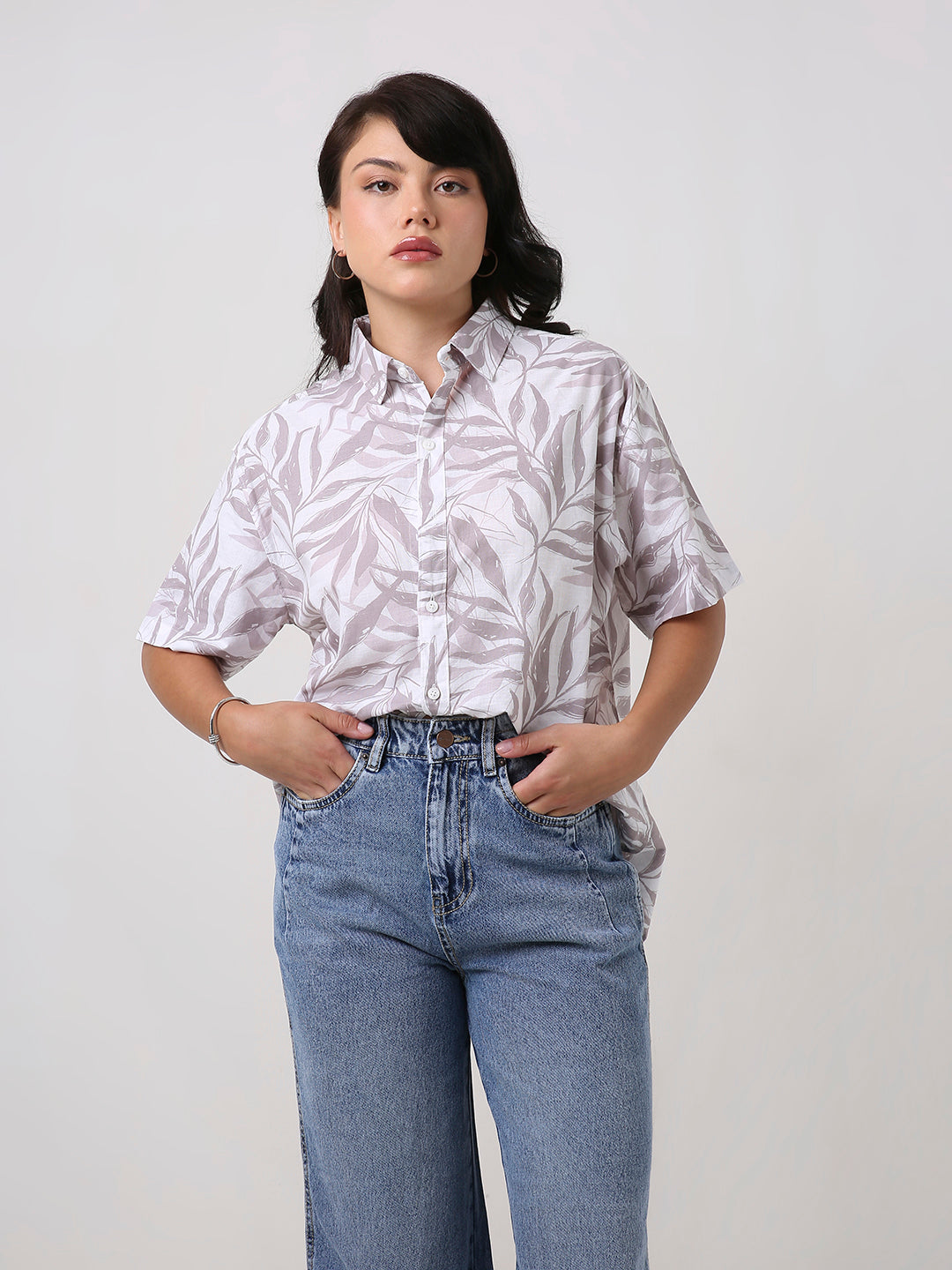 Grey Tropical Print Oversized Shirt