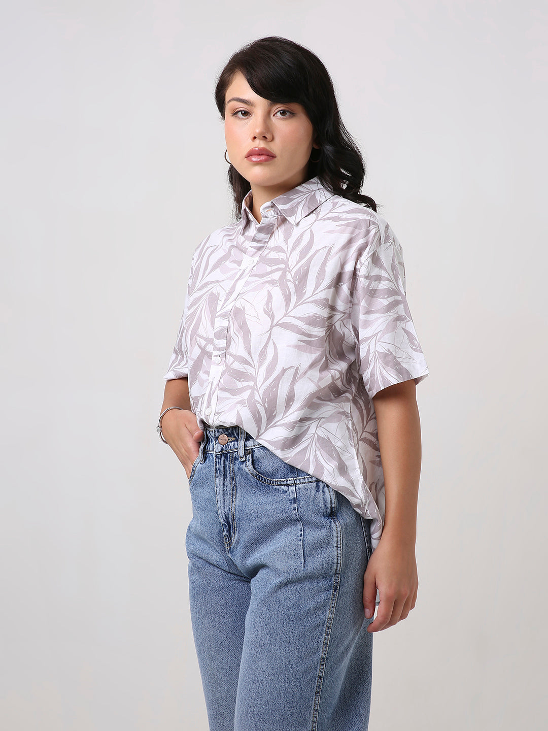 Grey Tropical Print Oversized Shirt