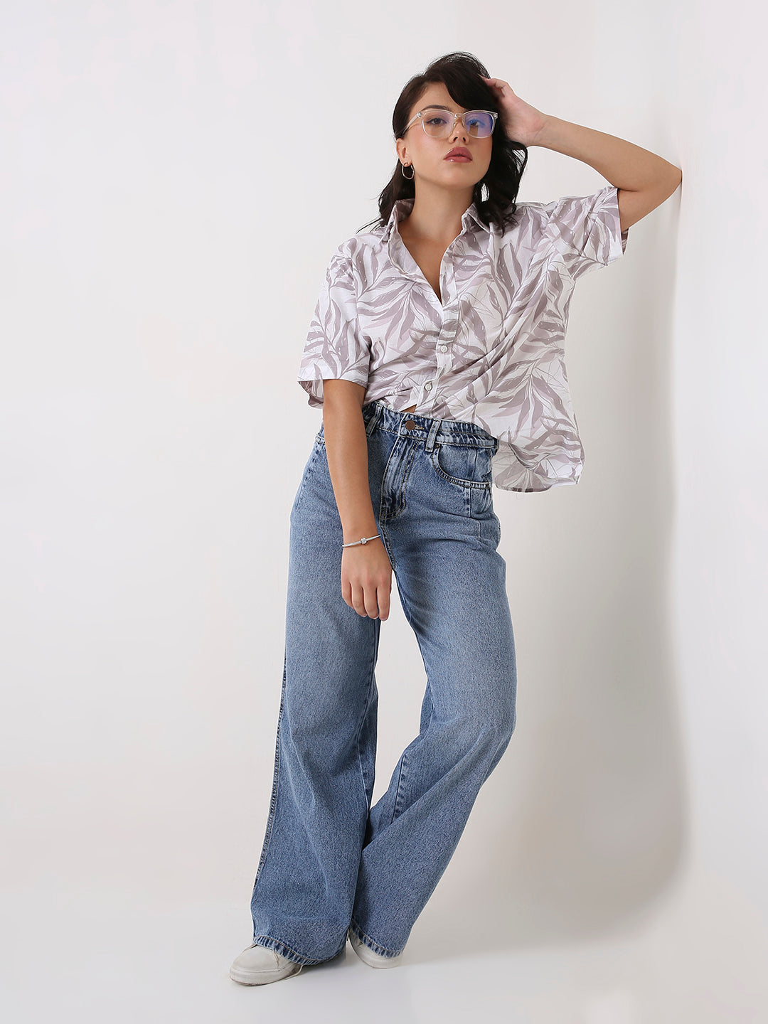 Grey Tropical Print Oversized Shirt