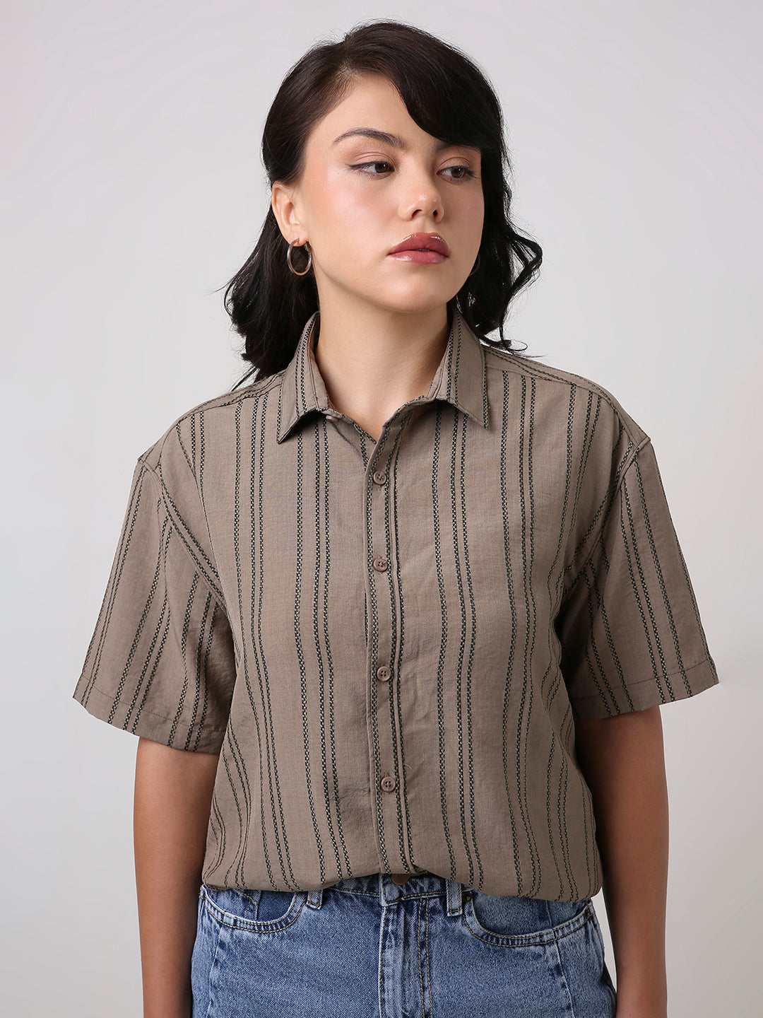 Khaki Relaxed Fit Striped Shirt
