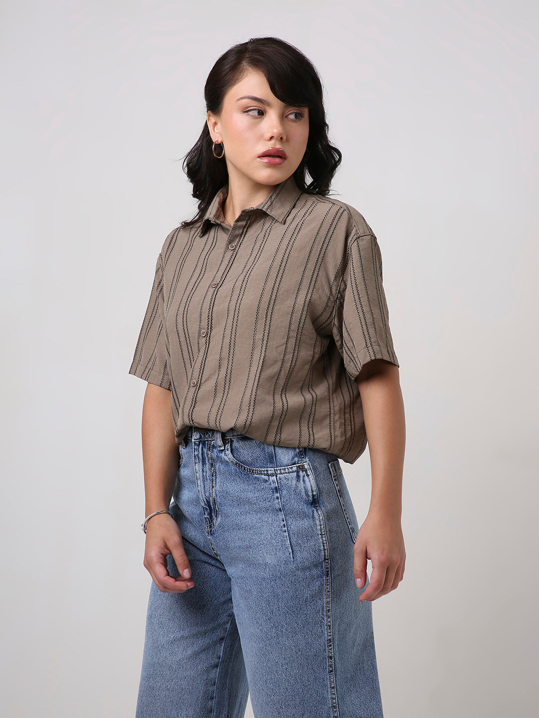 Khaki Relaxed Fit Striped Shirt