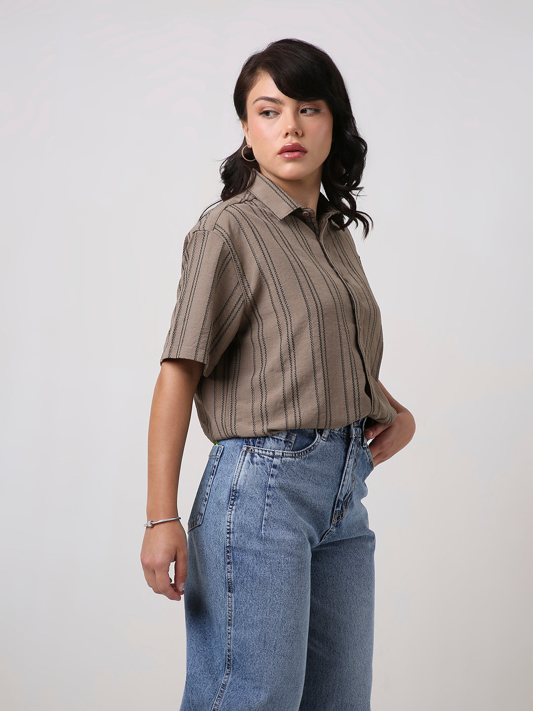 Khaki Relaxed Fit Striped Shirt