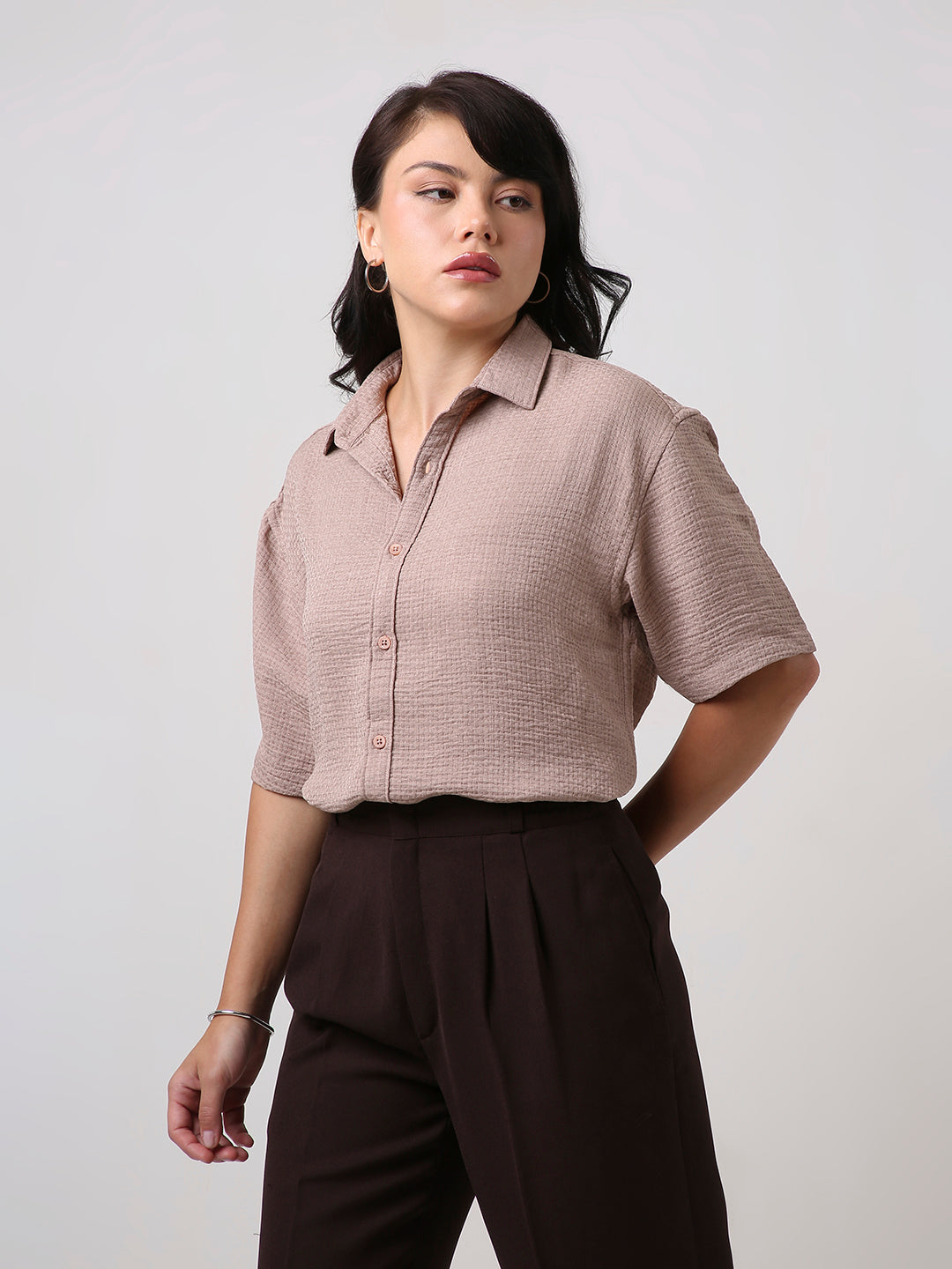 Beige Textured Oversized Shirt