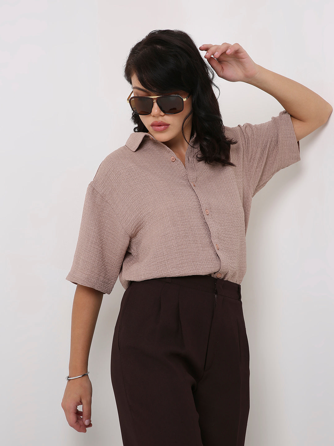 Beige Textured Oversized Shirt
