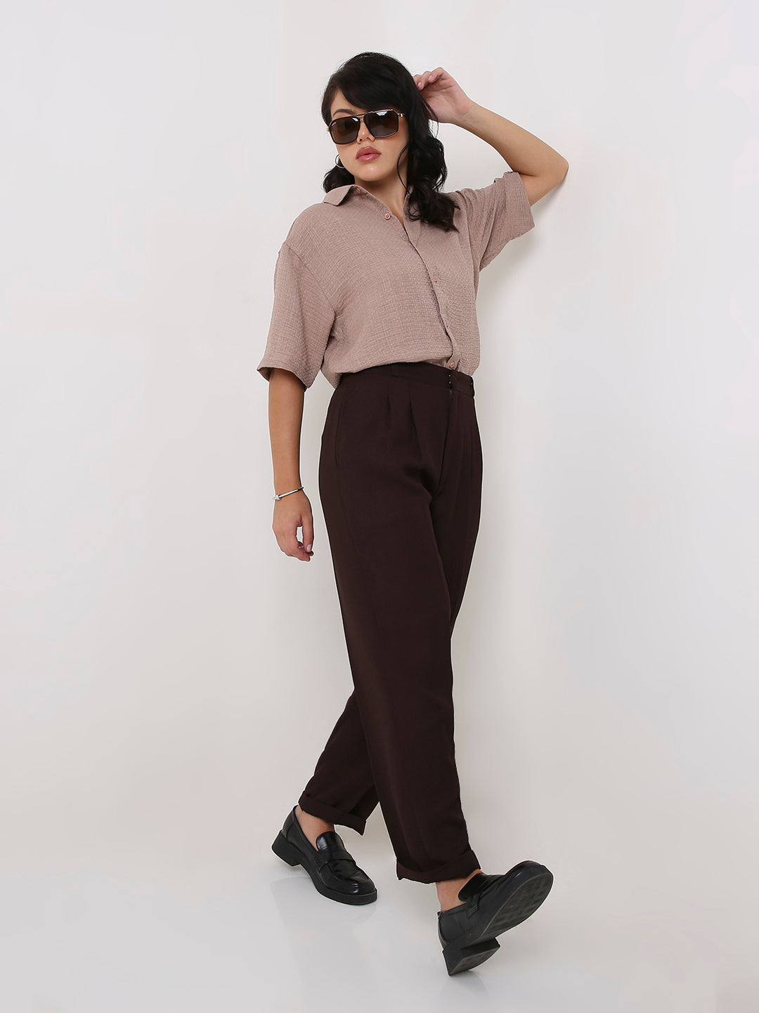 Beige Textured Oversized Shirt