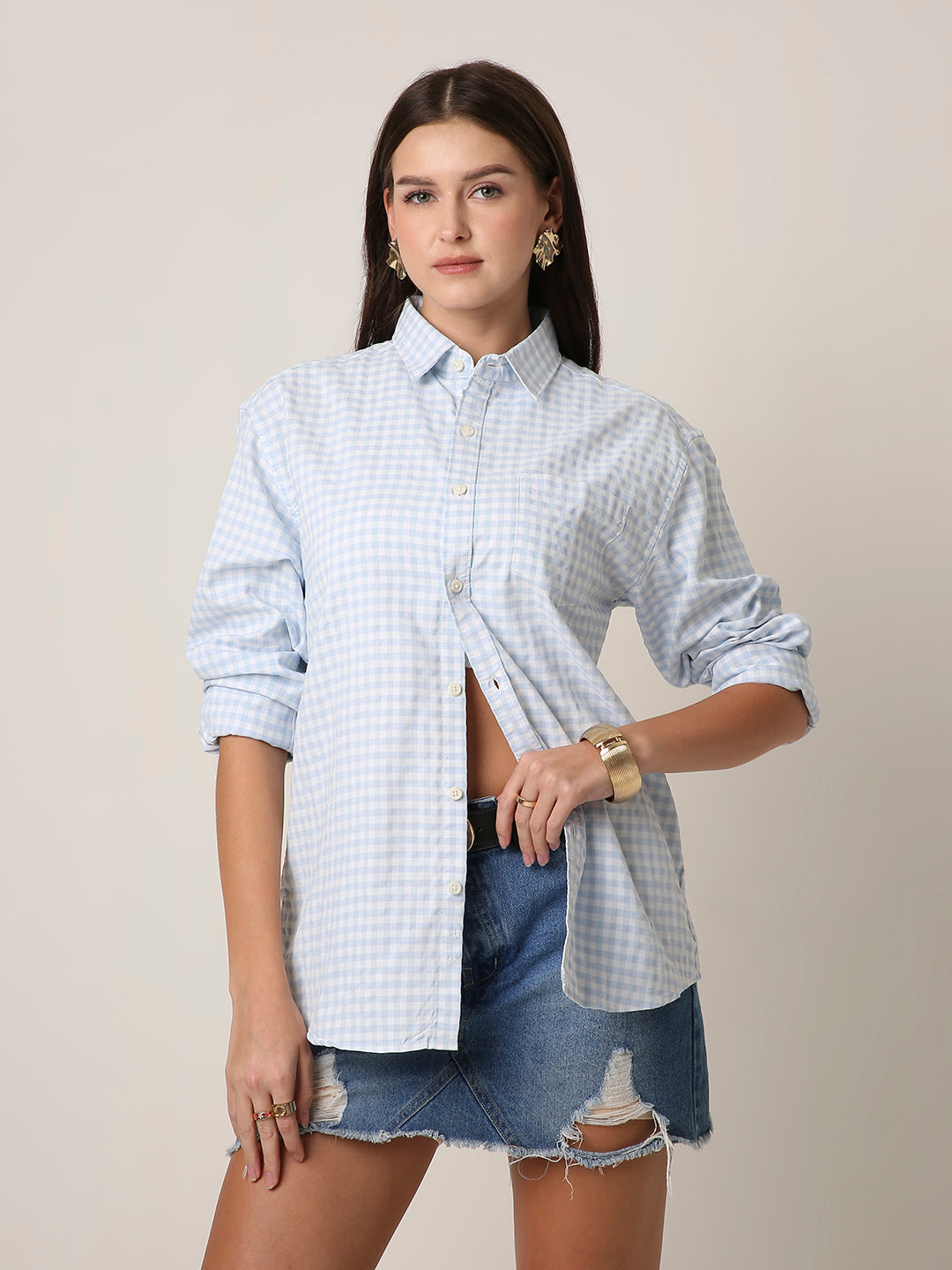 Blue Gingham Oversized Cotton Shirt