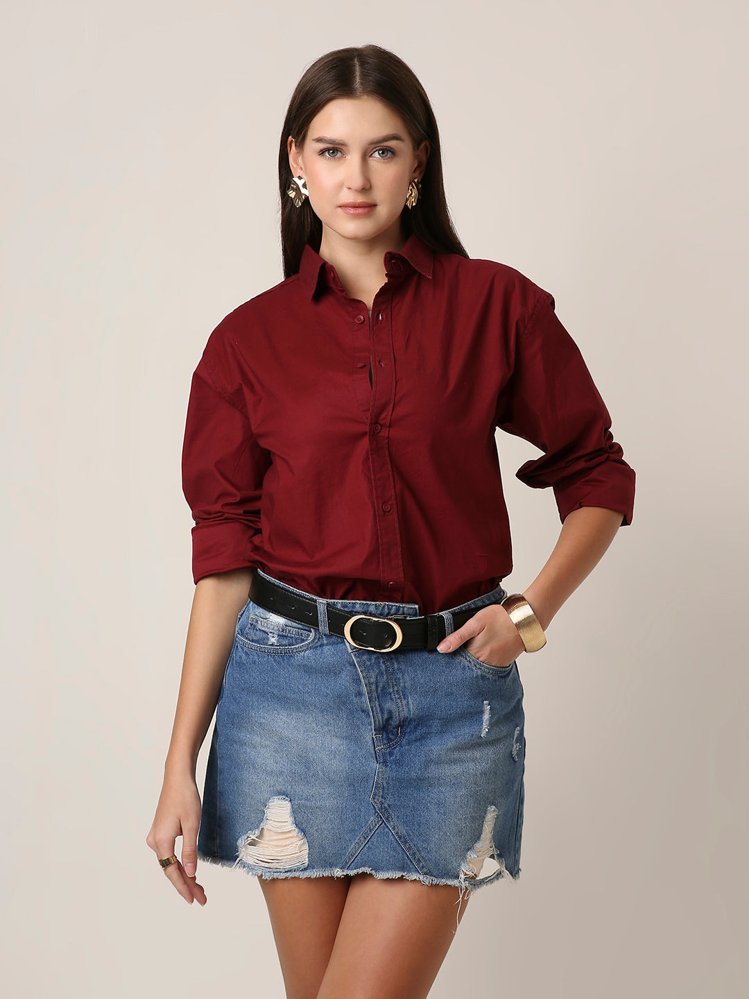 Classic Maroon Oversized Cotton Shirt