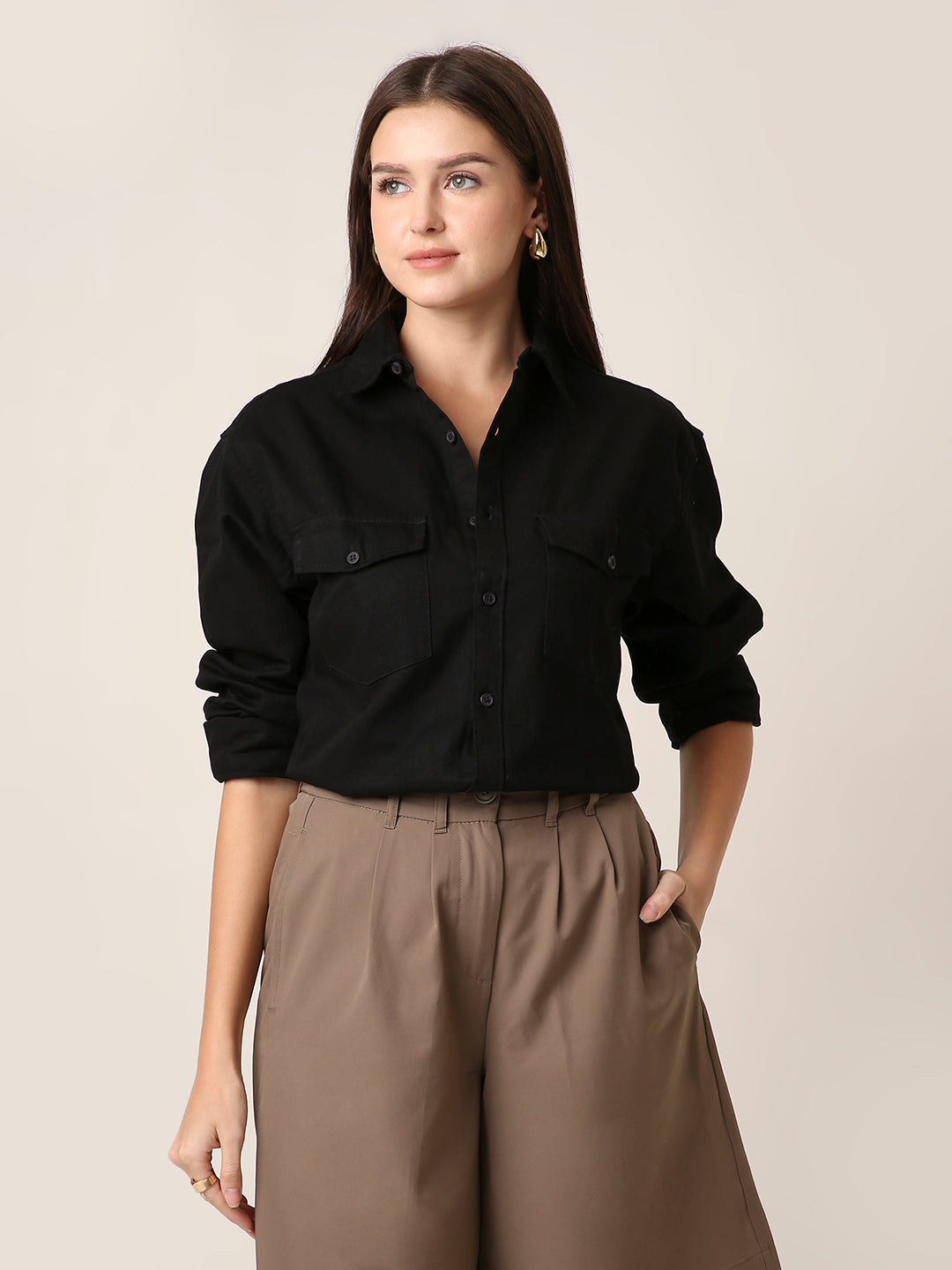 Black Utility Pocket Casual Shirt