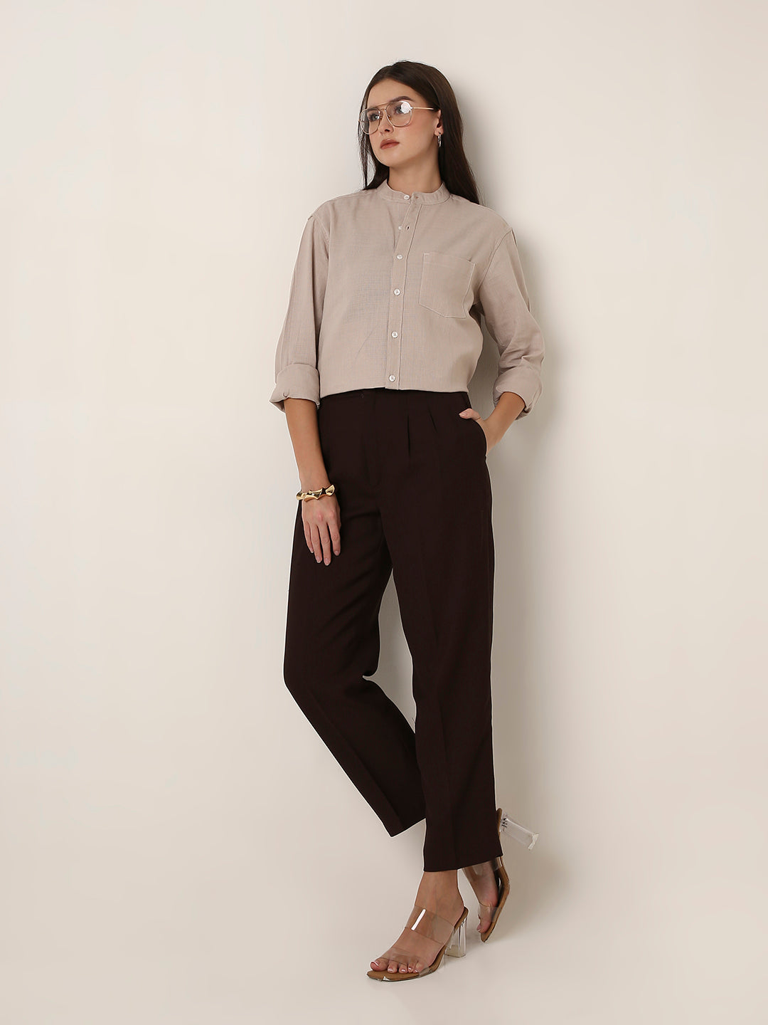 Fawn Textured Mandarin Collar Shirt