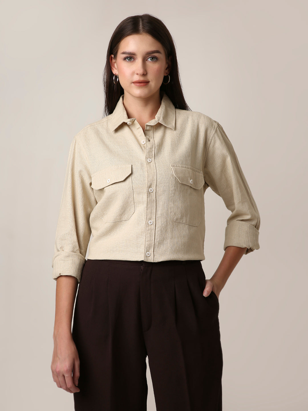 Beige Utility Pocket Layer Shacket