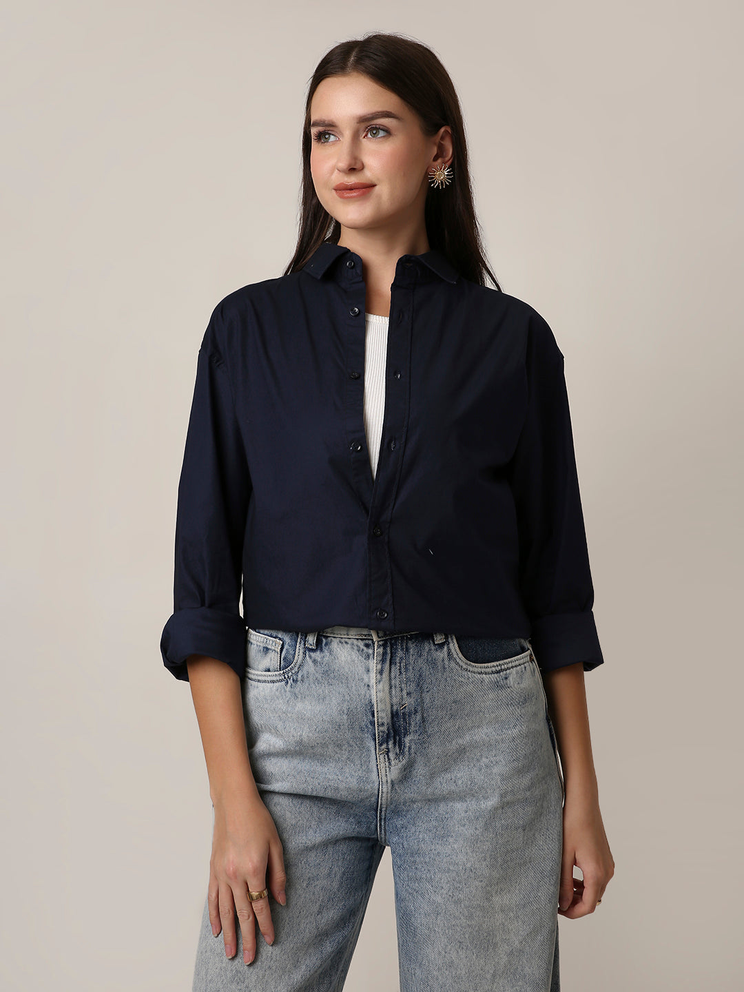 Classic Navy Blue Oversized Cotton Shirt