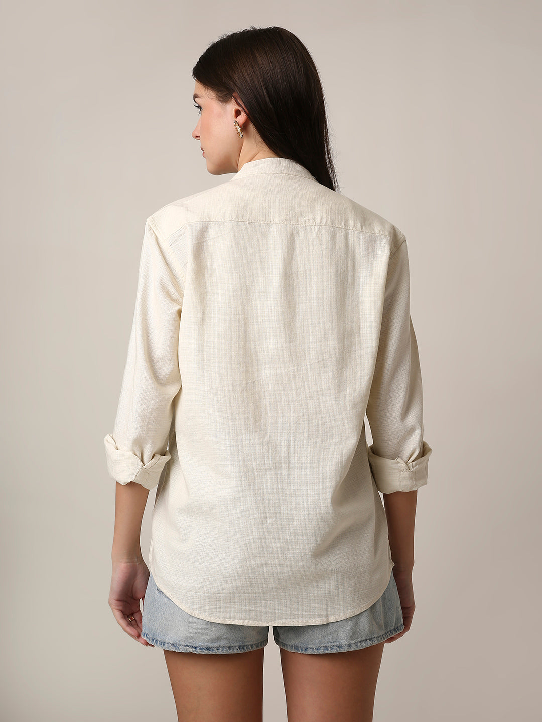Cream Textured Mandarin Collar Shirt