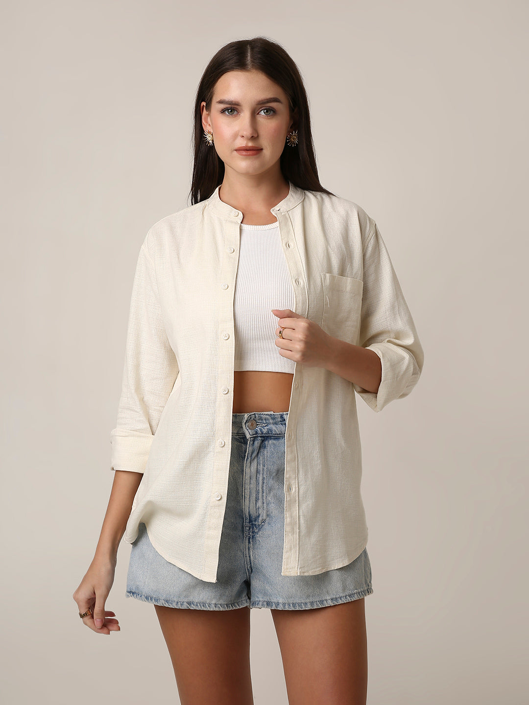 Cream Textured Mandarin Collar Shirt
