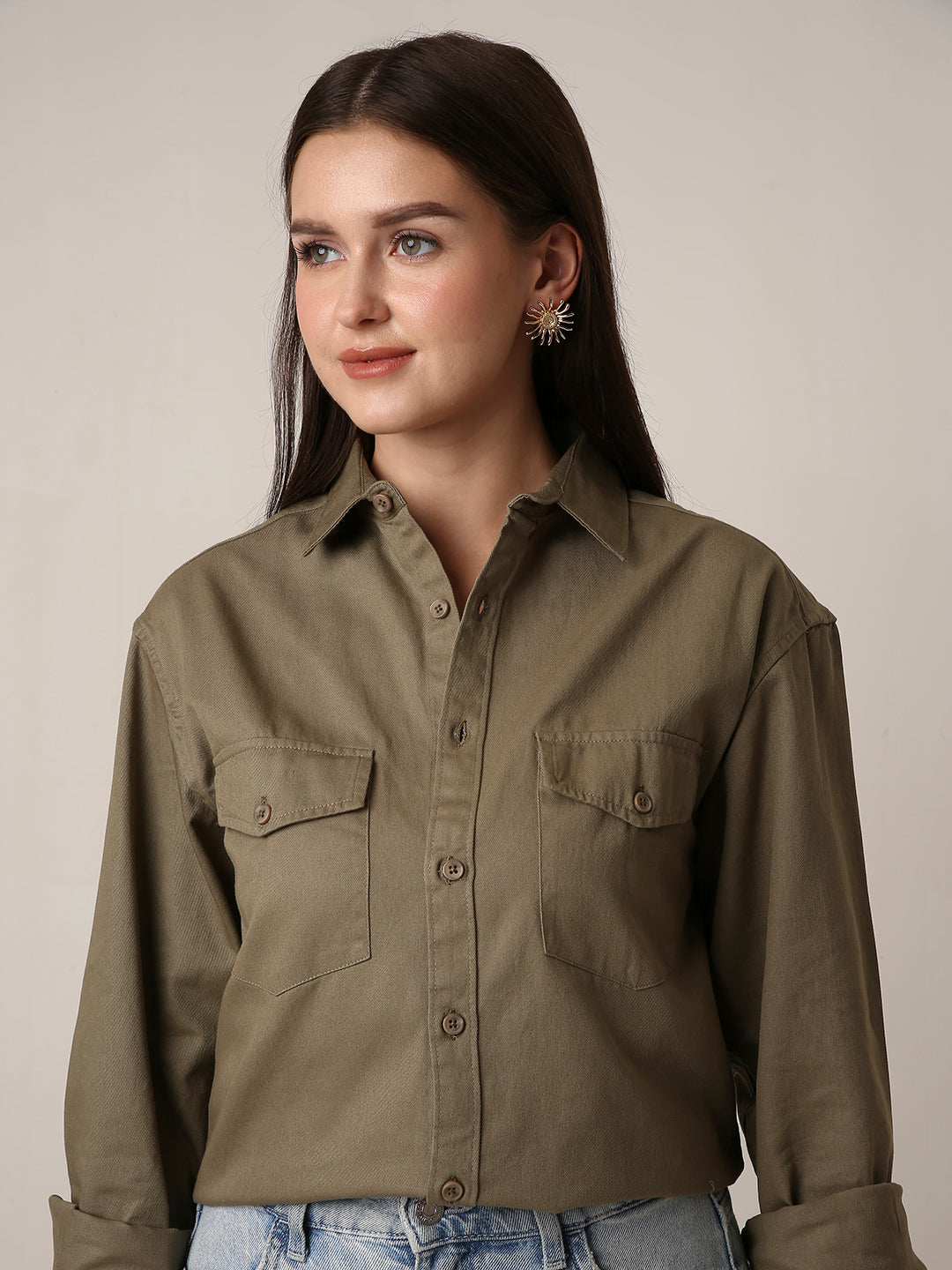 Olive Utility Pocket Casual Shirt