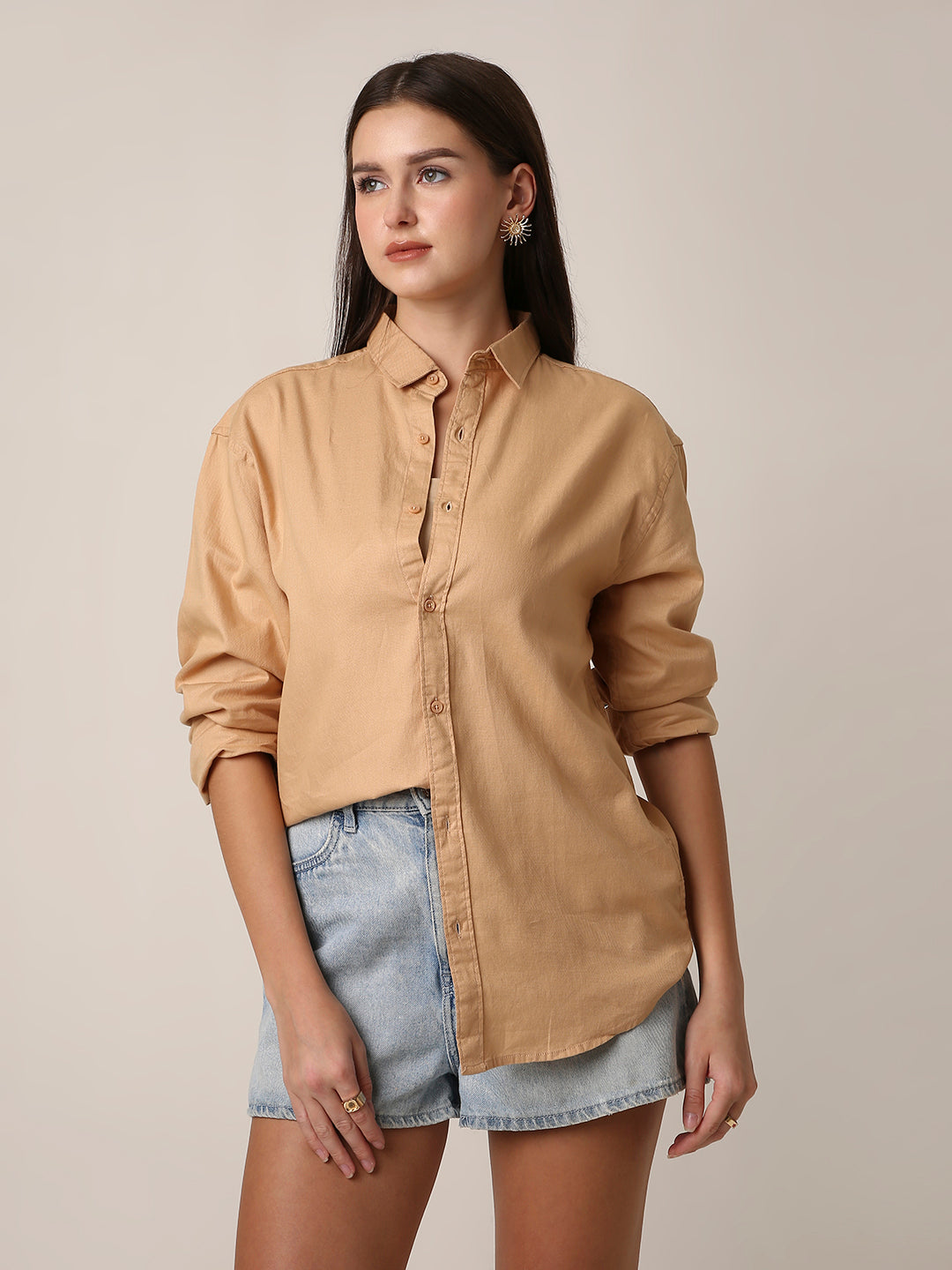 Beige Textured Oversized Casual Shirt
