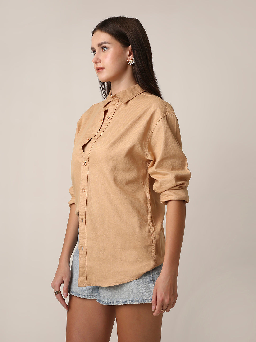 Beige Textured Oversized Casual Shirt