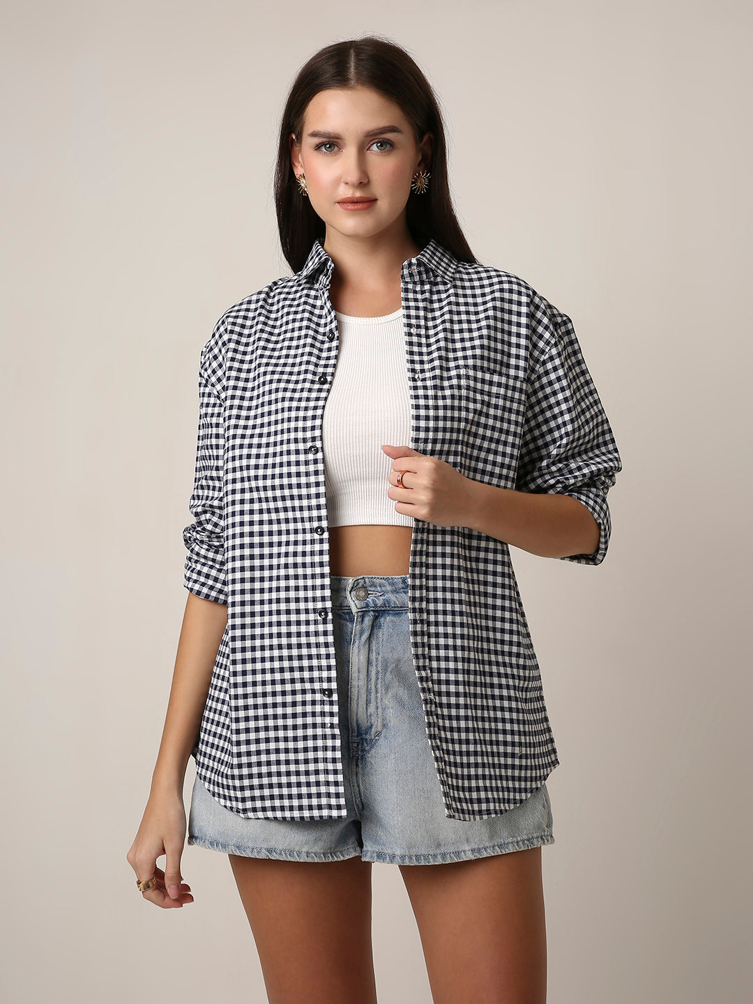 Navy blue Gingham Oversized Cotton Shirt