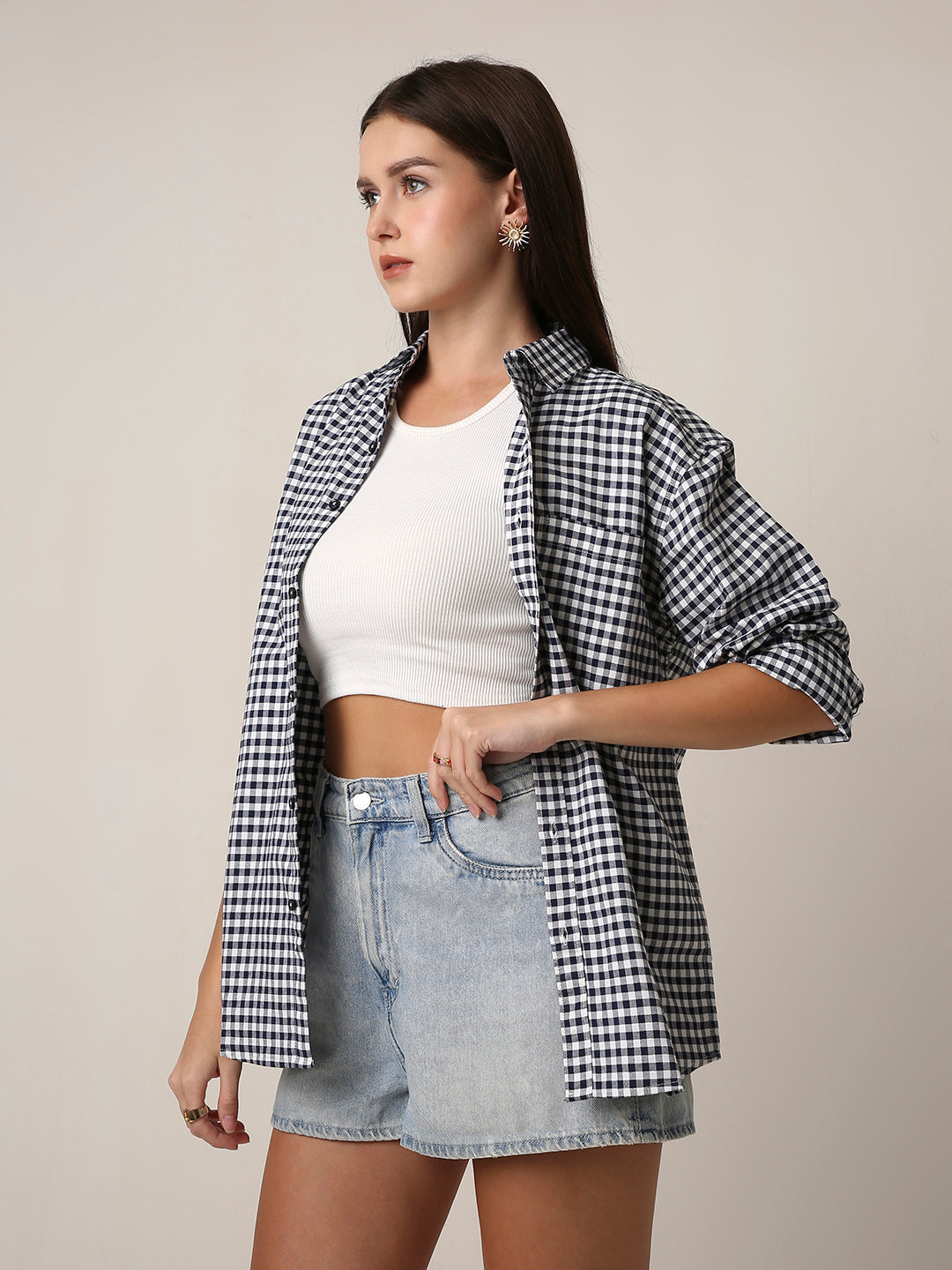 Navy blue Gingham Oversized Cotton Shirt