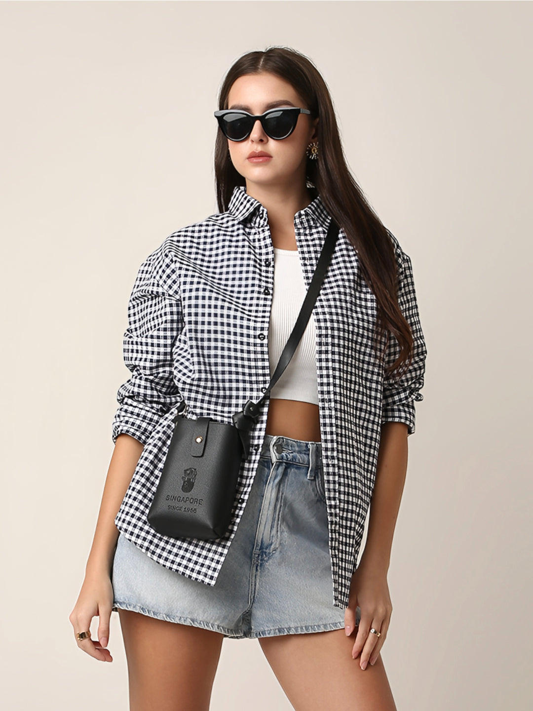 Navy blue Gingham Oversized Cotton Shirt