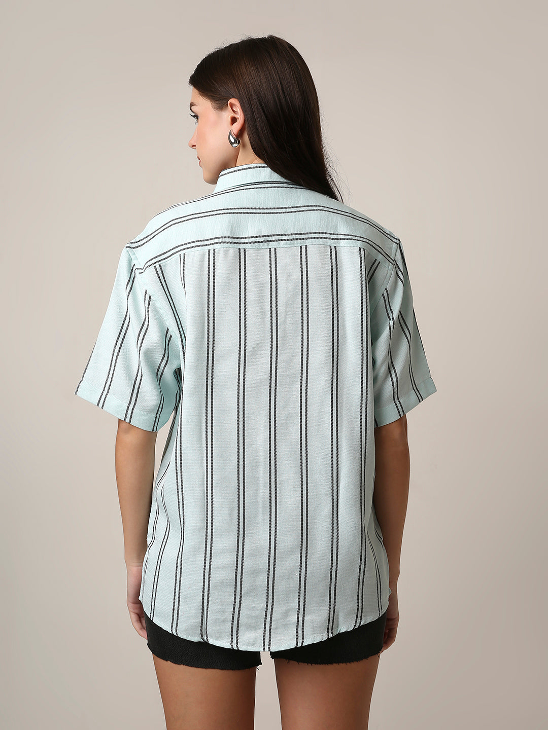 Mint Green Striped Short Sleeve Casual Shirt