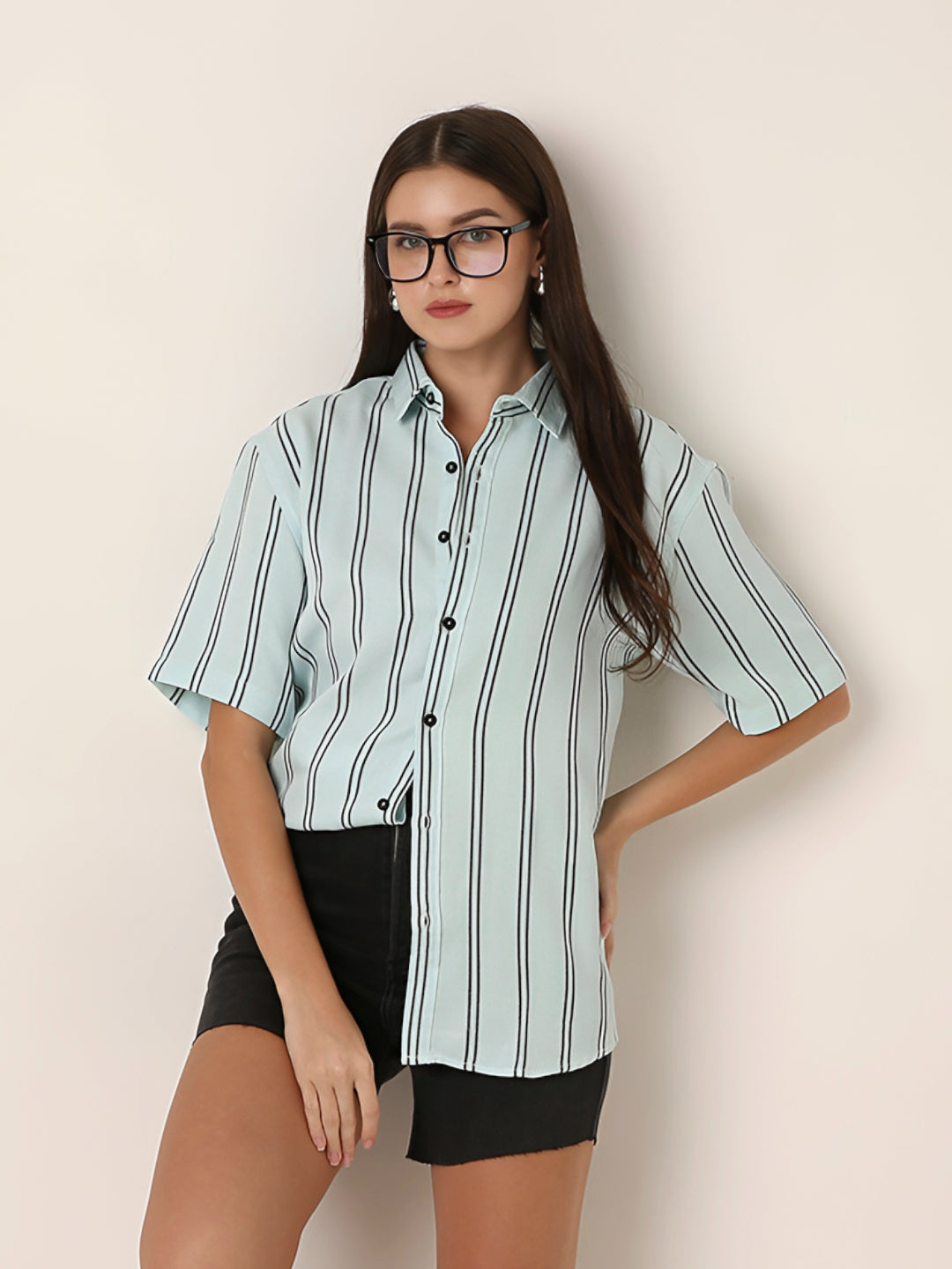 Mint Green Striped Short Sleeve Casual Shirt