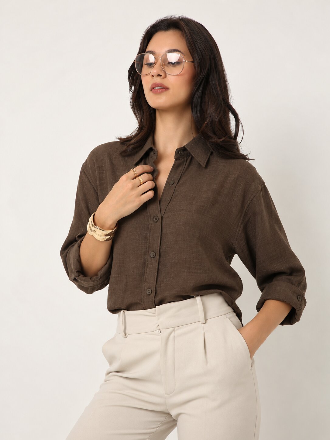 Brown Textured Relaxed Fit Button-Down Shirt