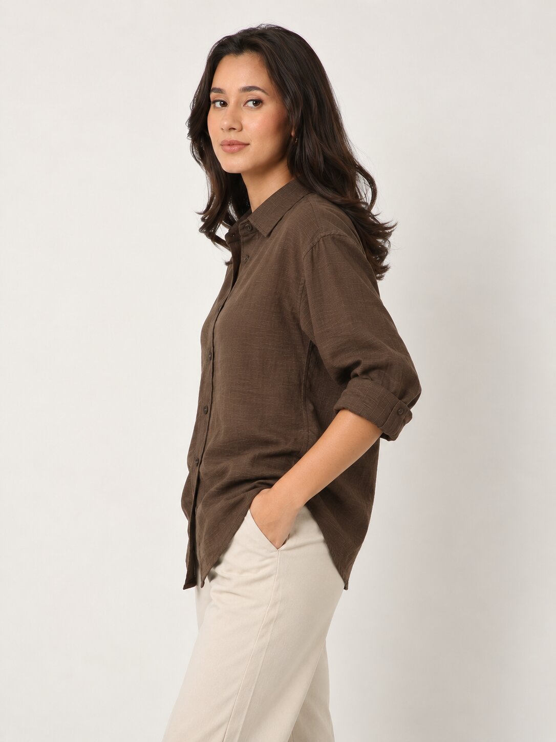 Brown Textured Relaxed Fit Button-Down Shirt