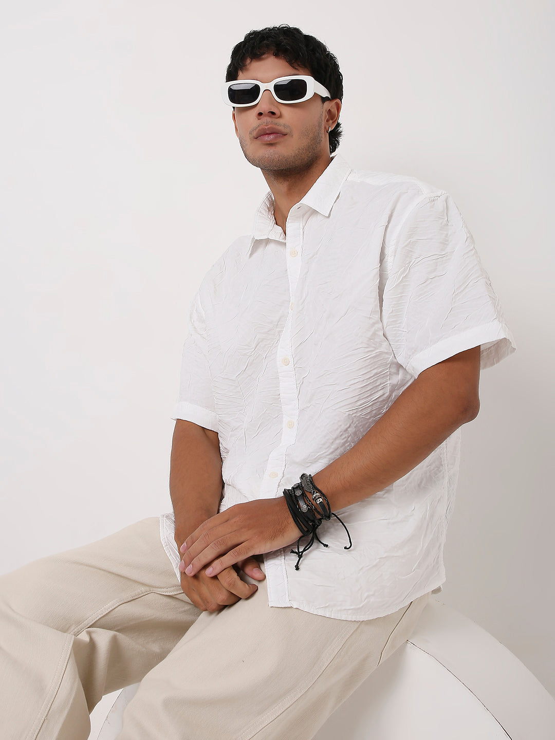WHITE CRINKLE TEXTURED RELAXED SHIRT