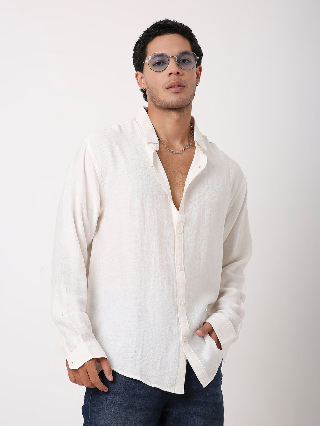 NATURAL WHITE PREMIUM LINEN BLEND SHIRT