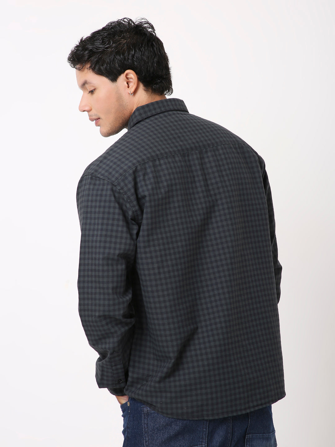 RELAXED FIT CHECKERED DARK GREY COTTON SHIRT