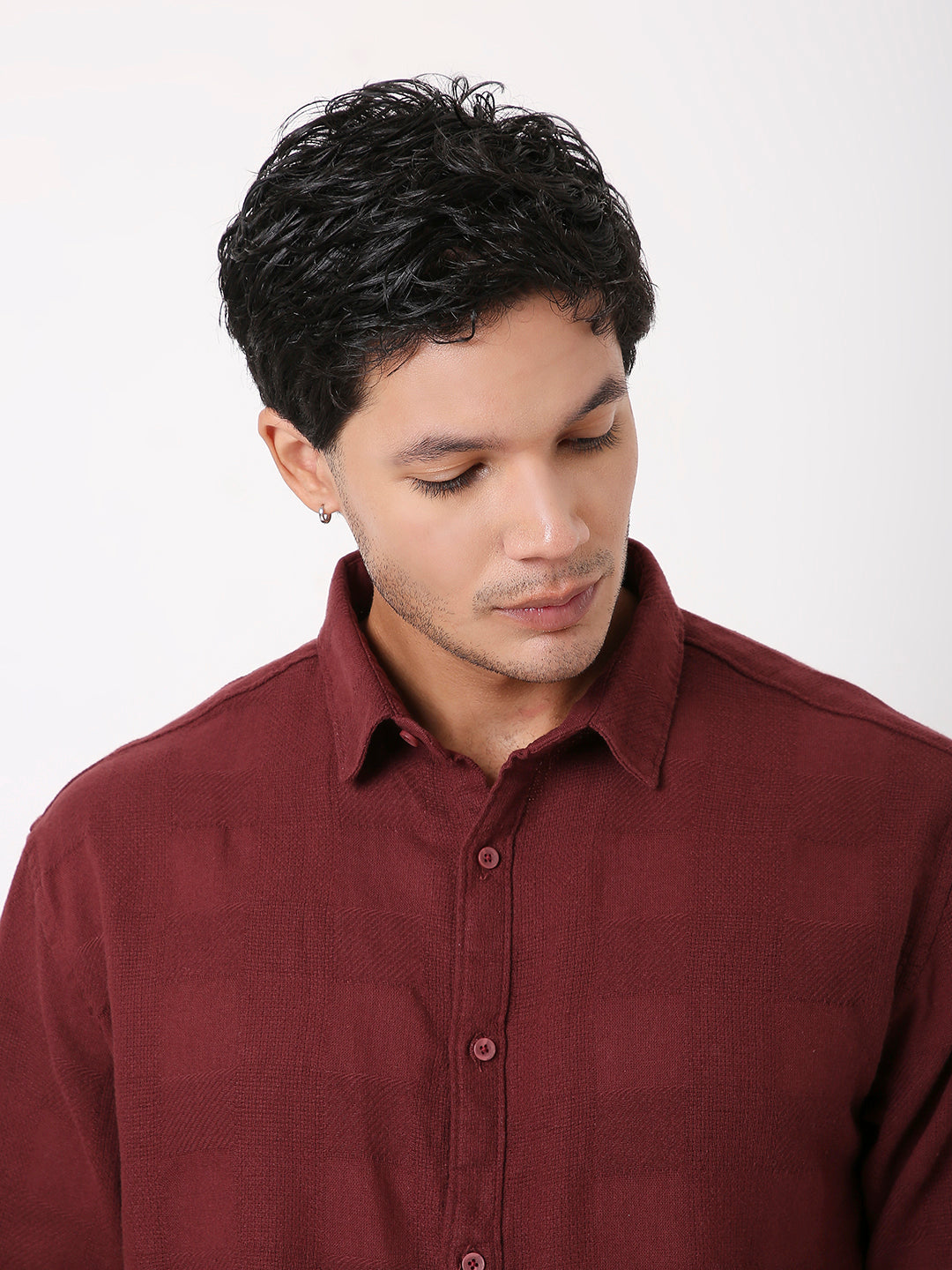 TEXTURED CHECKERED MAROON COTTON SHIRT